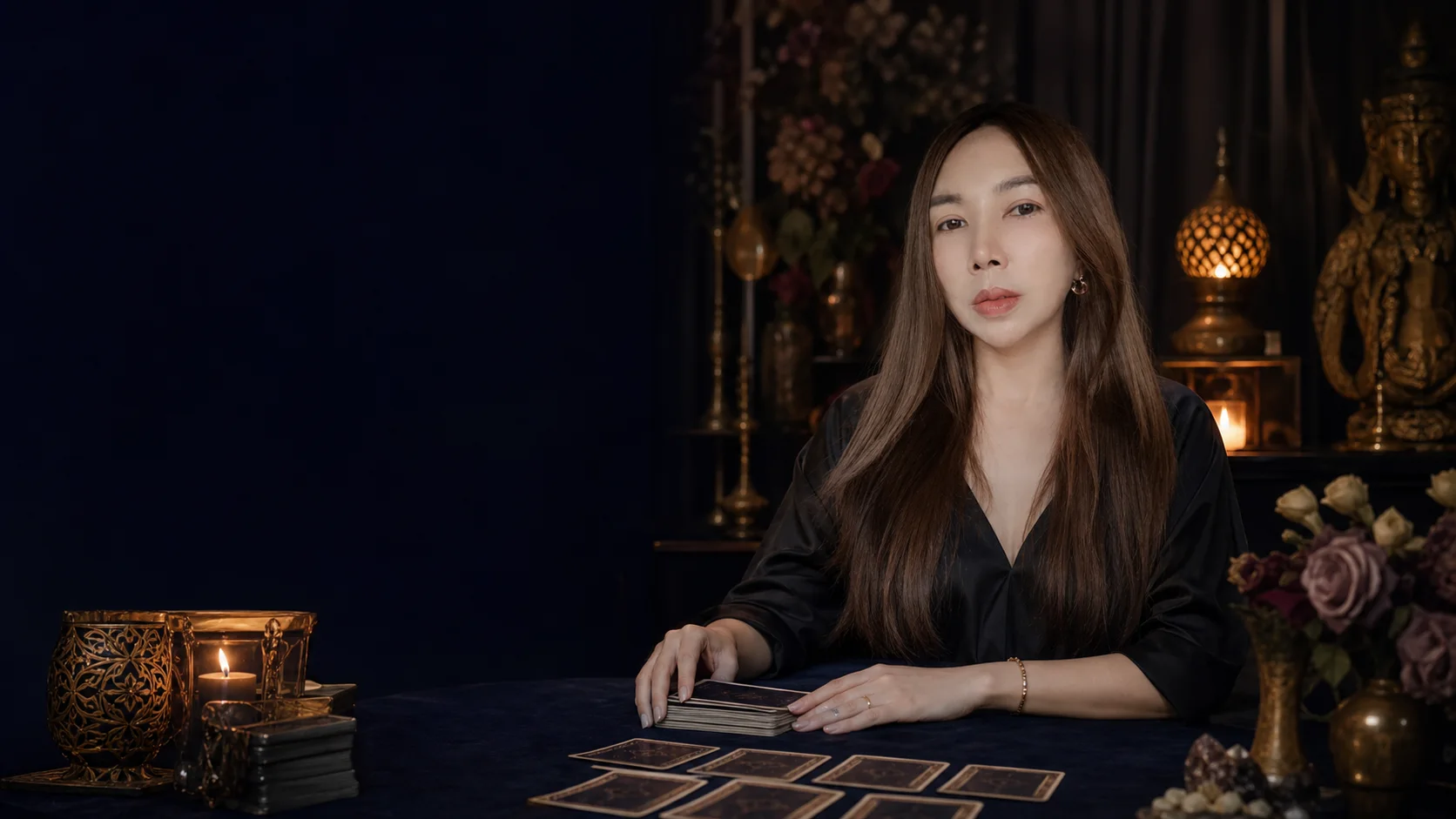 Palm 在牌桌前進行塔羅解讀