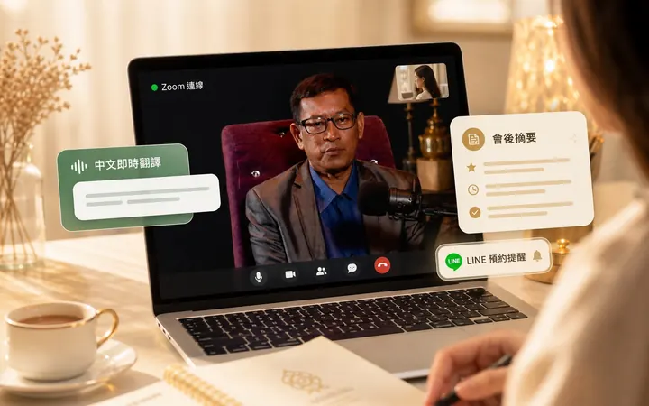 泰國老師透過視訊與中文翻譯進行線上算命