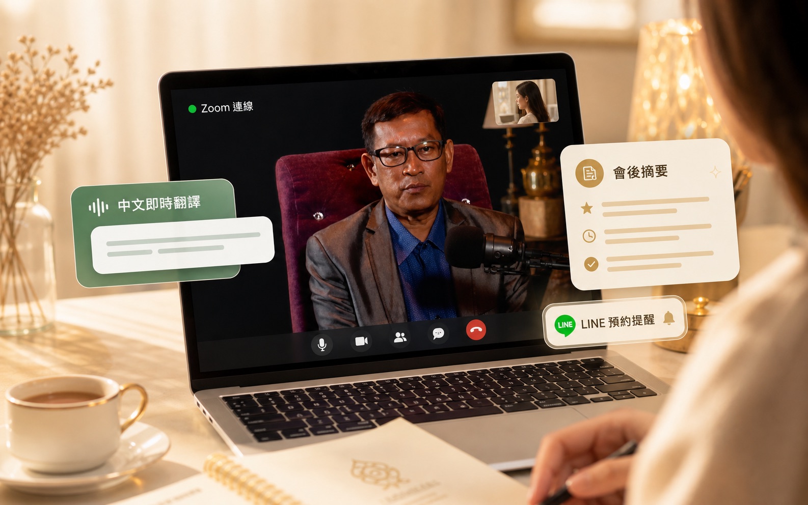 客人在筆電前與泰國老師視訊算命，旁邊顯示中文即時翻譯、會後摘要與 LINE 提醒